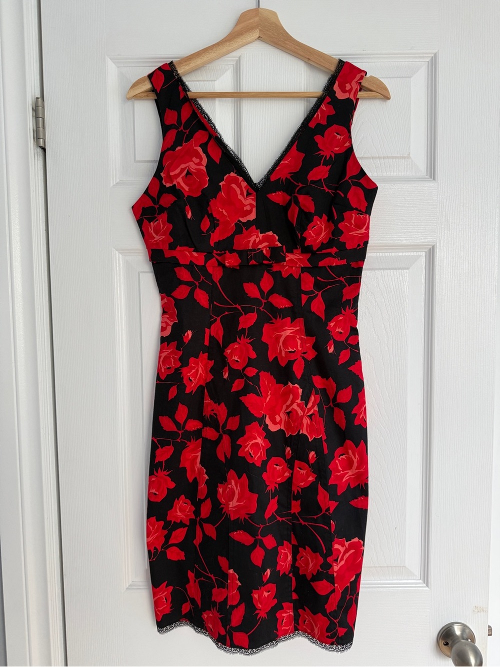 Suzy Shier Black Midi Dress with Red Floral Print